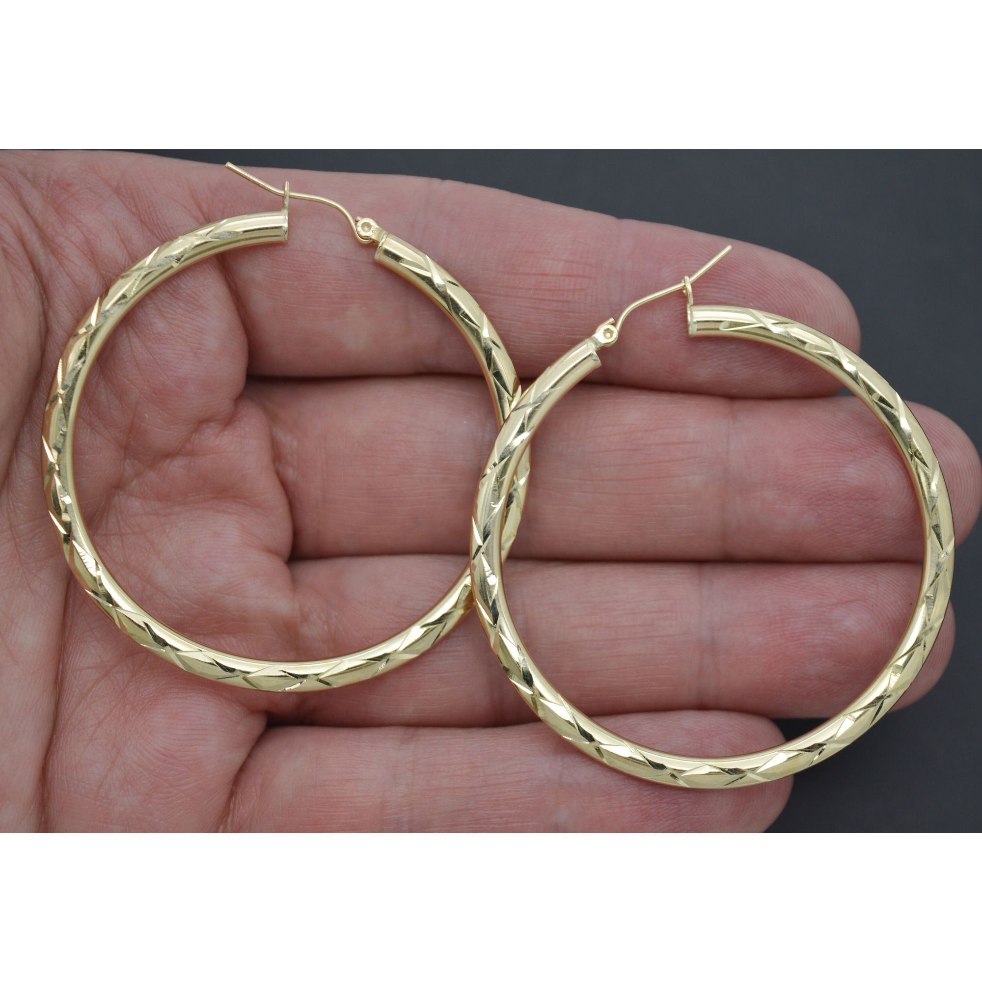 Real 10k Yellow Solid Gold Big Large Shiny Diamond Cut Hoop Earrings 50mm 3.3 Gr